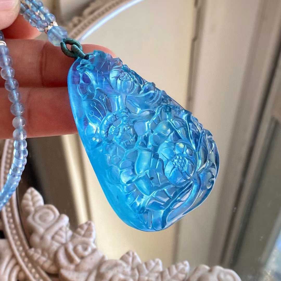 Natural Aquamarine Hand-Carved Peony Pendant with Certificate - 6