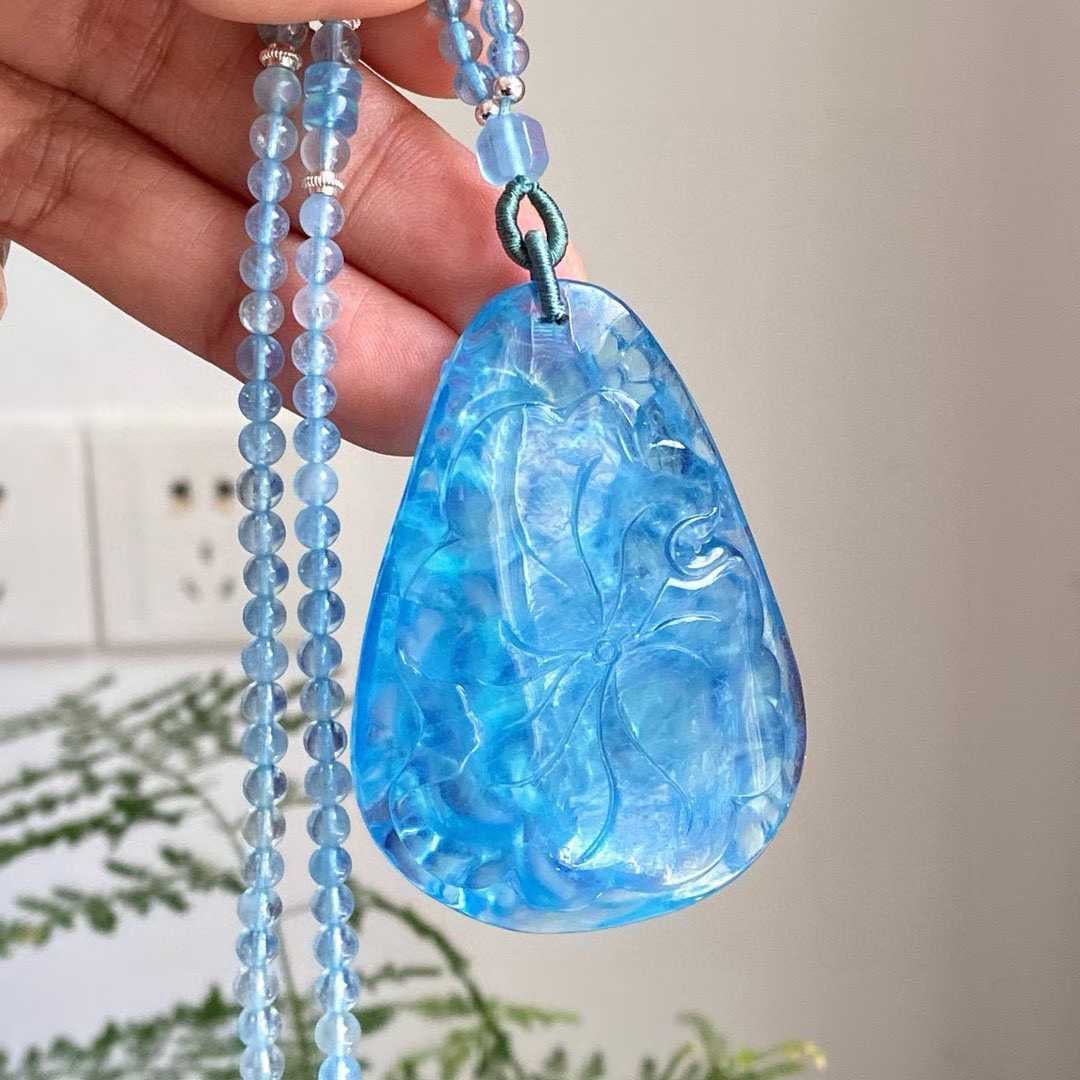 Natural Aquamarine Hand-Carved Peony Pendant with Certificate - 9