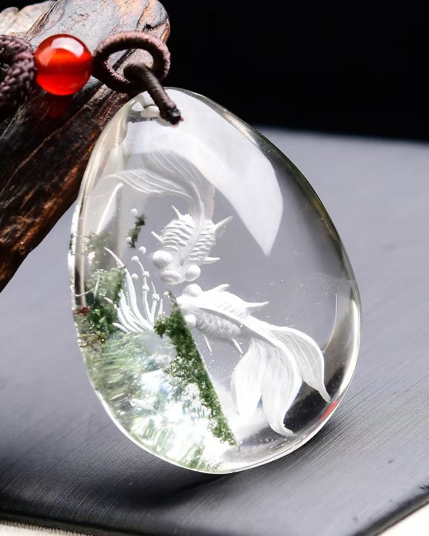 Crystal Hand-Carved Goldfish Pendant - 2