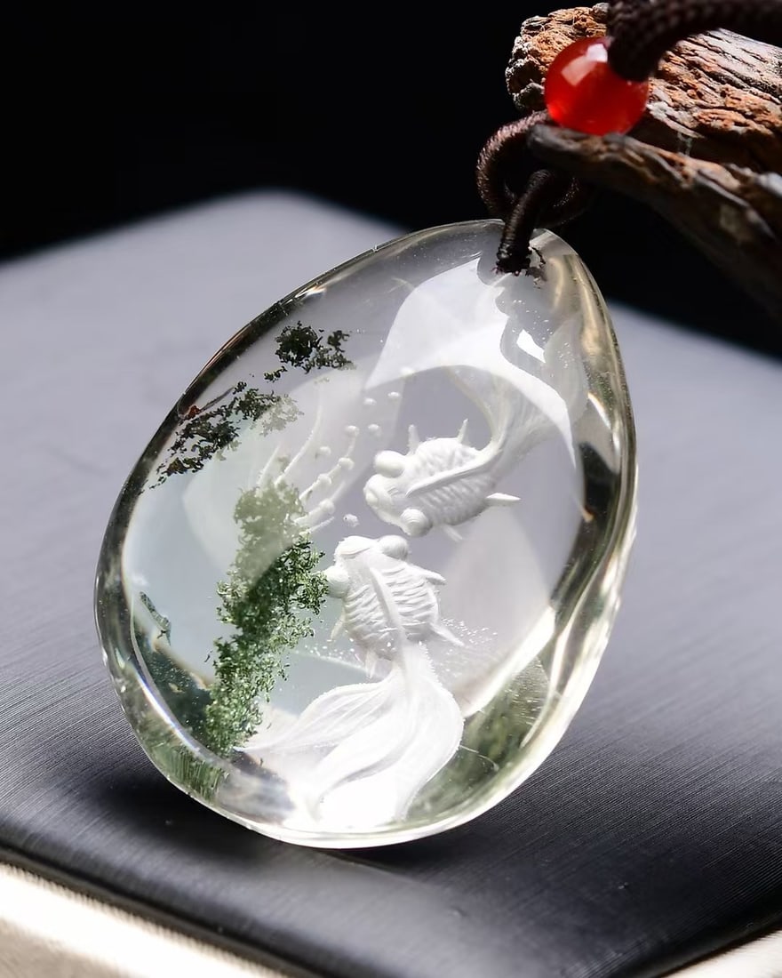 Crystal Hand-Carved Goldfish Pendant - 3