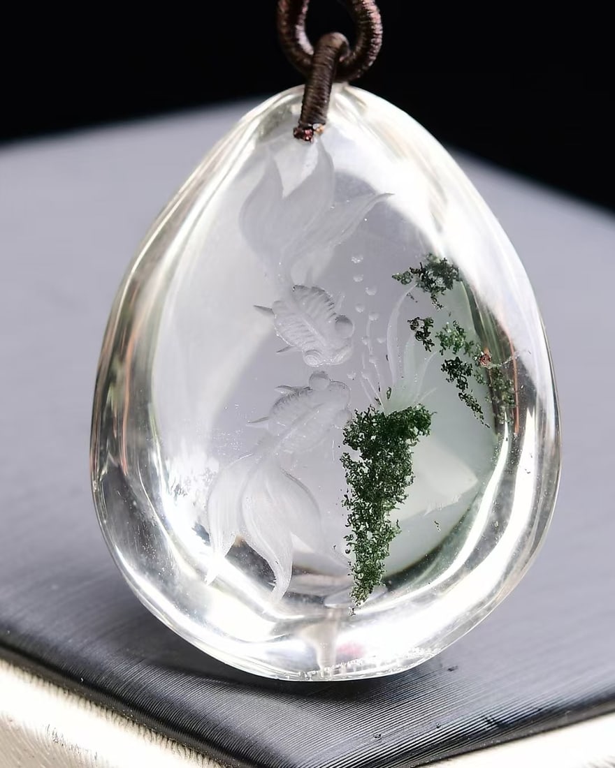 Crystal Hand-Carved Goldfish Pendant - 4