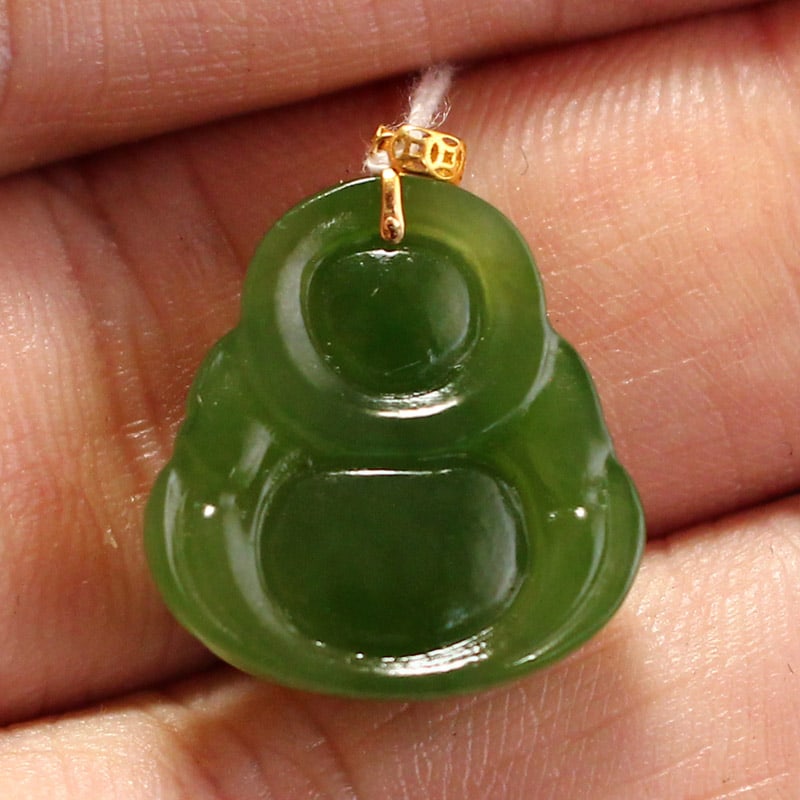 Green Hetian Jade Pendant - Laughing Buddha - 10