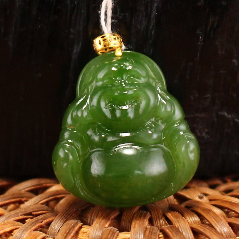 Green Hetian Jade Pendant - Laughing Buddha - 2