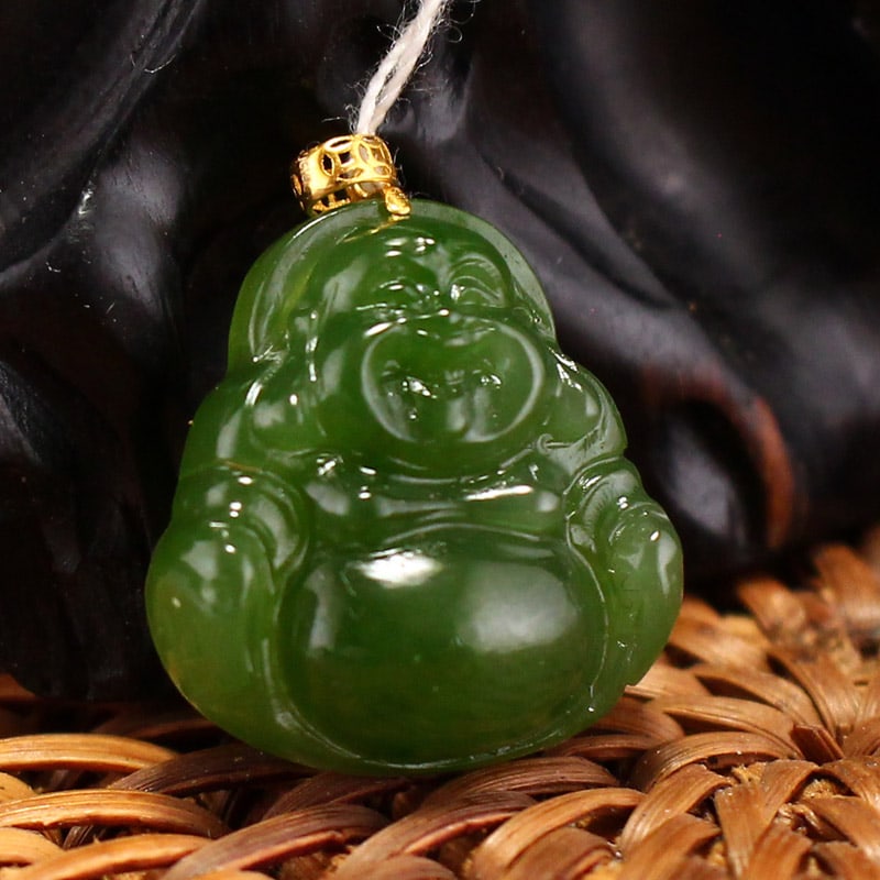 Green Hetian Jade Pendant - Laughing Buddha - 3