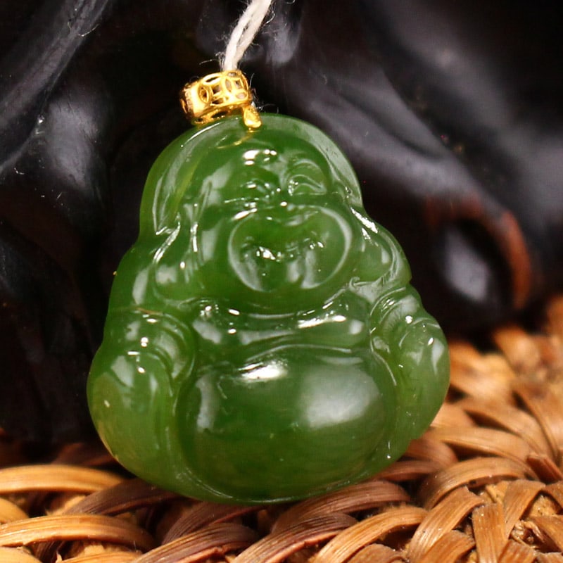 Green Hetian Jade Pendant - Laughing Buddha - 4