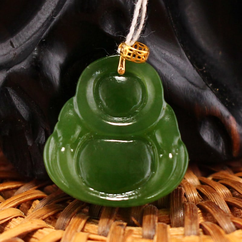 Green Hetian Jade Pendant - Laughing Buddha - 6