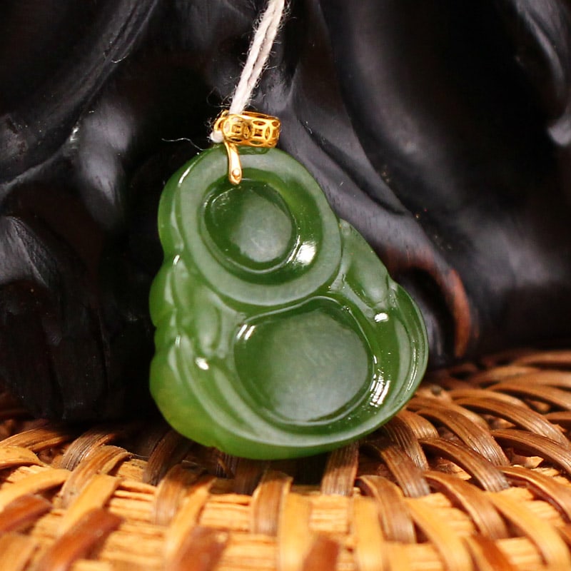 Green Hetian Jade Pendant - Laughing Buddha - 7