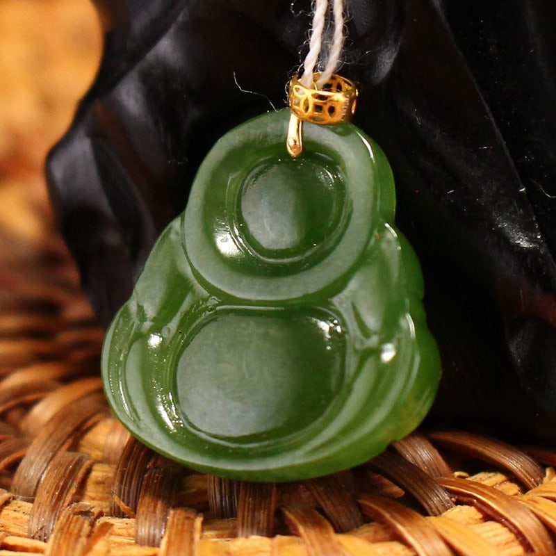 Green Hetian Jade Pendant - Laughing Buddha - 8