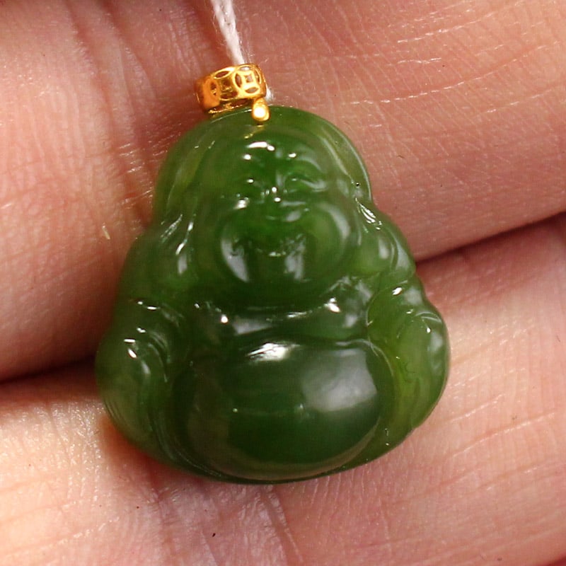 Green Hetian Jade Pendant - Laughing Buddha - 9