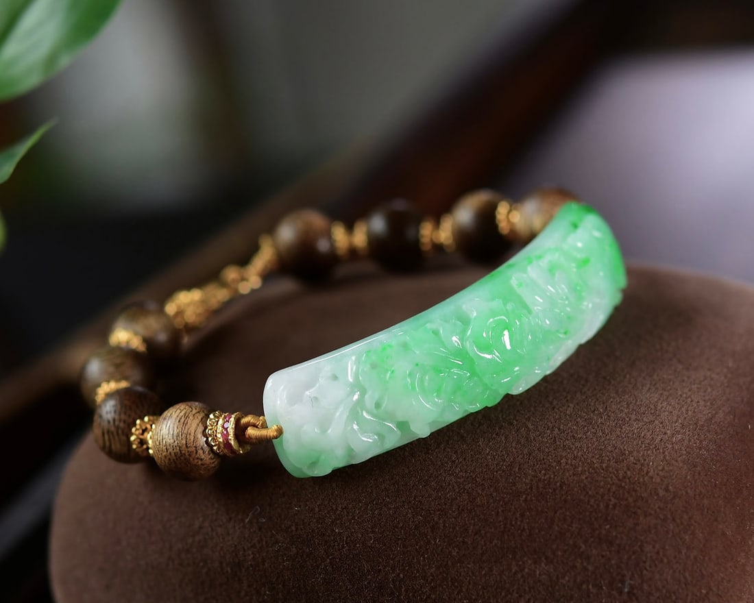 Chenxiang Wood & Green Jadeite Phoenix Bracelet Bangle - 2