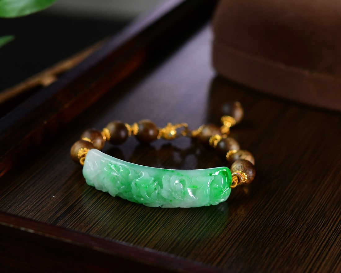 Chenxiang Wood & Green Jadeite Phoenix Bracelet Bangle - 3