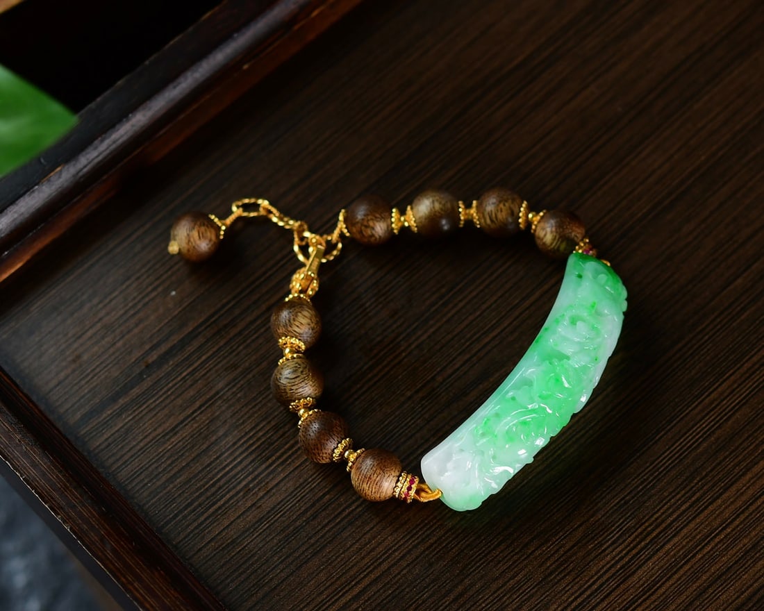 Chenxiang Wood & Green Jadeite Phoenix Bracelet Bangle - 5
