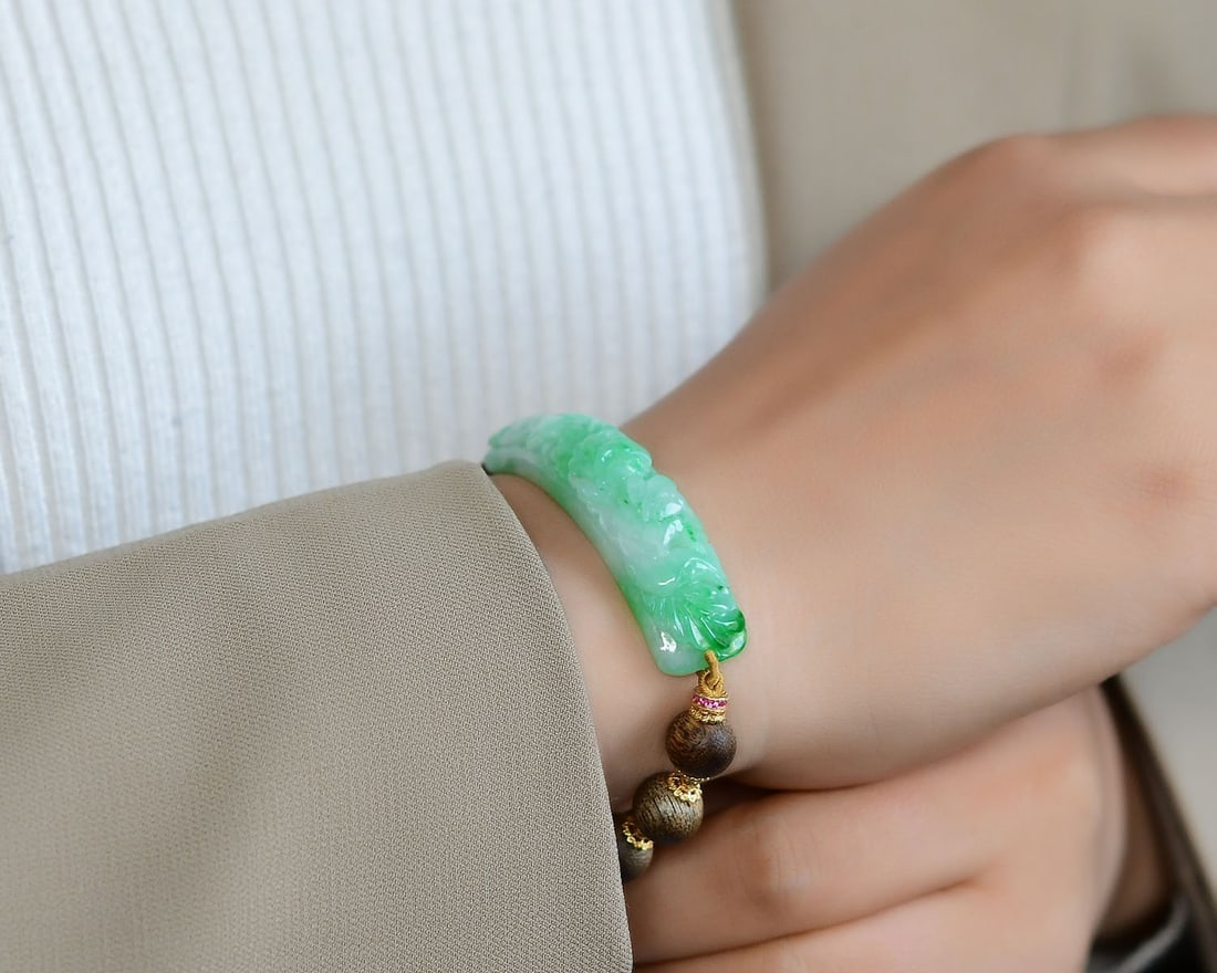Chenxiang Wood & Green Jadeite Phoenix Bracelet Bangle - 6