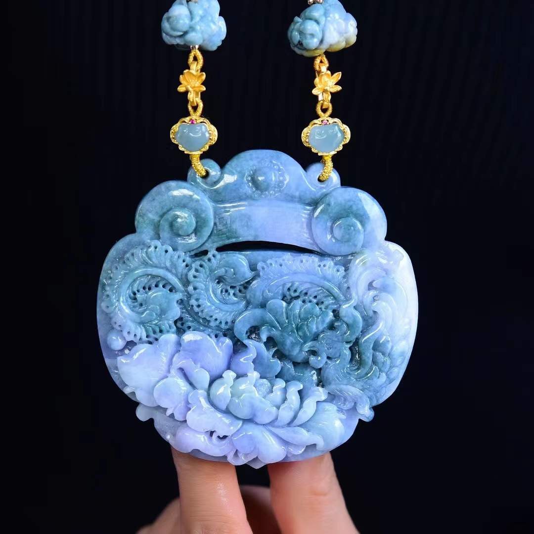 Jadeite Hand-Carved Phoenix Peony Pendant with Certificate - 2