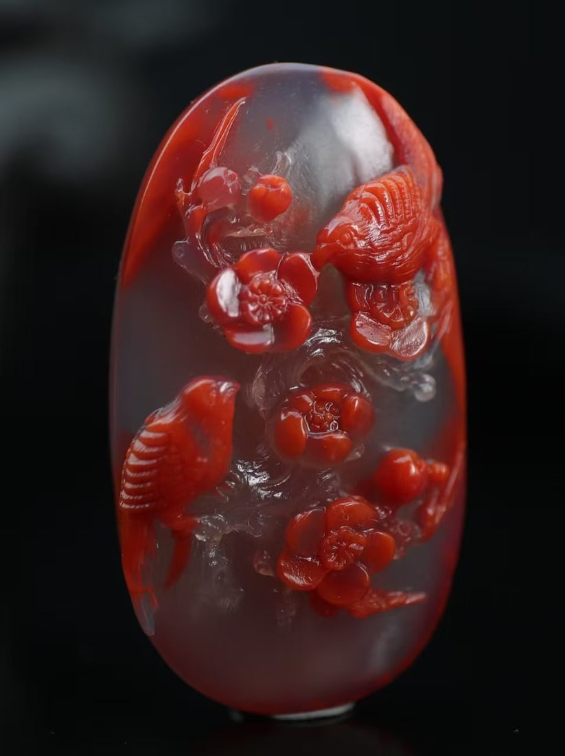 Nanhong Agate Hand-Carved Magpie plum blossom Pendant with Certificate - 2