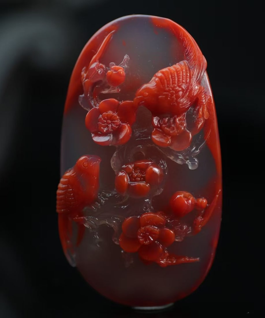 Nanhong Agate Hand-Carved Magpie plum blossom Pendant with Certificate - 3