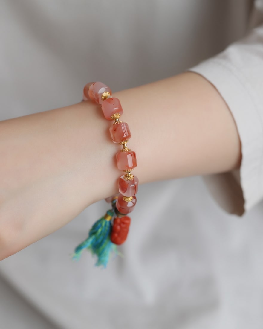 Hand knitting Nanhong Agate & Beeswax Hand Chain - 2