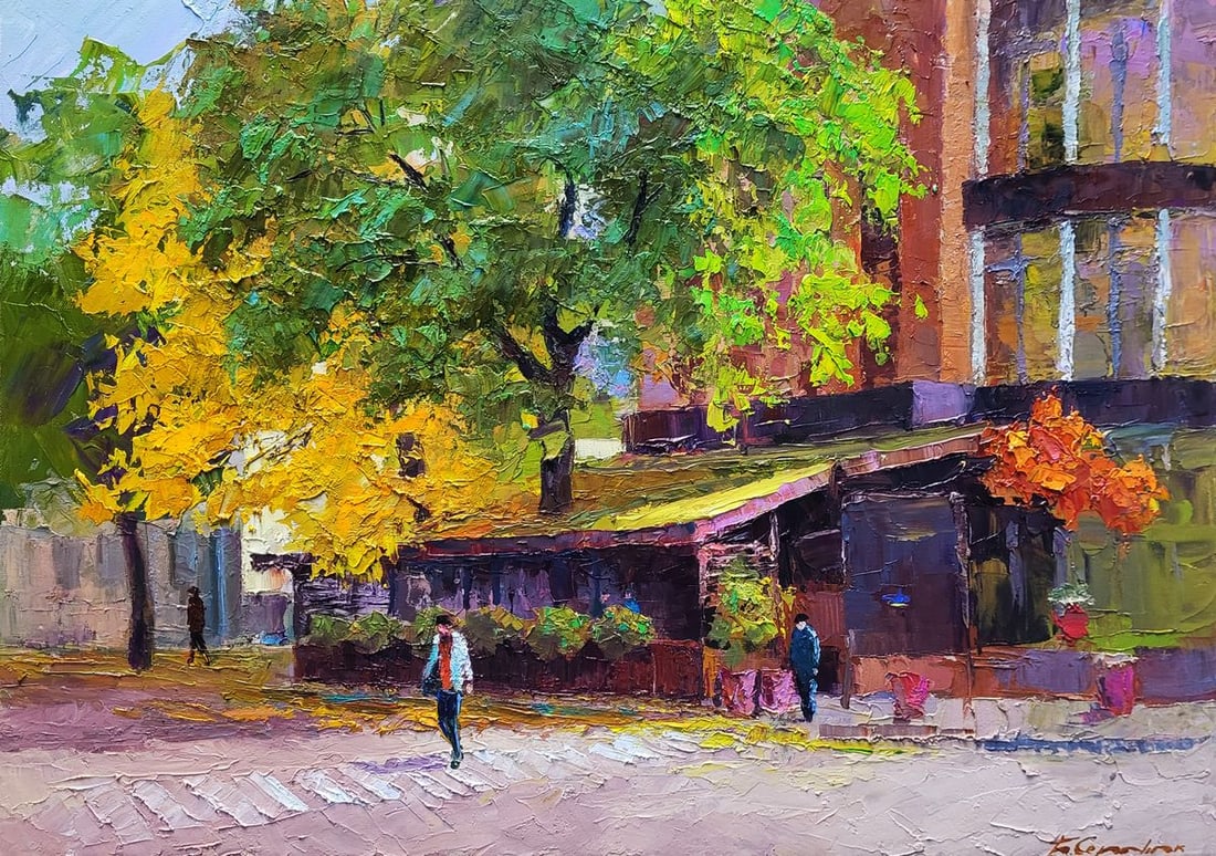 Oil painting Cafe Wine and Friends Boris Serdyuk: Title: Oil painting Cafe Wine and Friends Boris Serdyuk Description: NoSERB 1255Oil painting Cafe Wine and Friends Boris Serdyuk presents a lively urban scene filled with warmth, color, and human