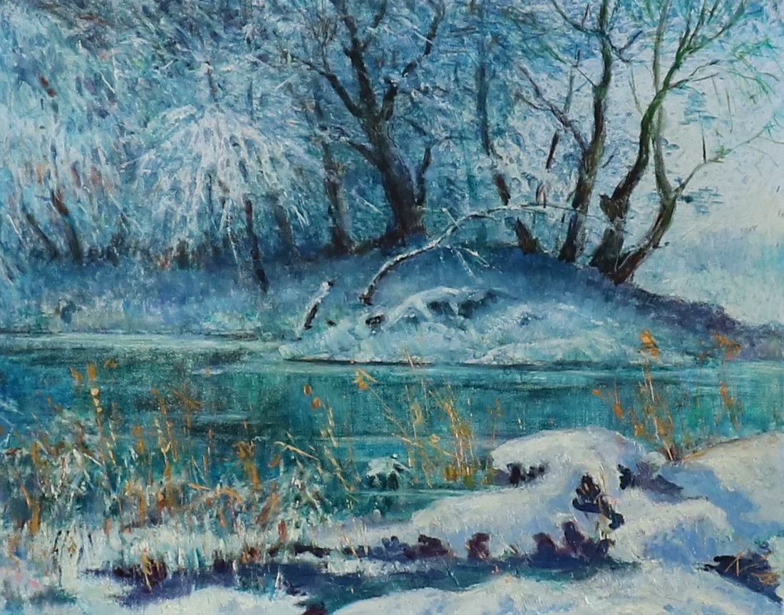 Oil painting Winter evening Vitaly Duhnevich: Title: Oil painting Winter evening Vitaly Duhnevich Description: NoDuhn 28The painting "Winter Evening" captures the hushed serenity of a forest riverbank gently embraced by snow. The scene is bathed