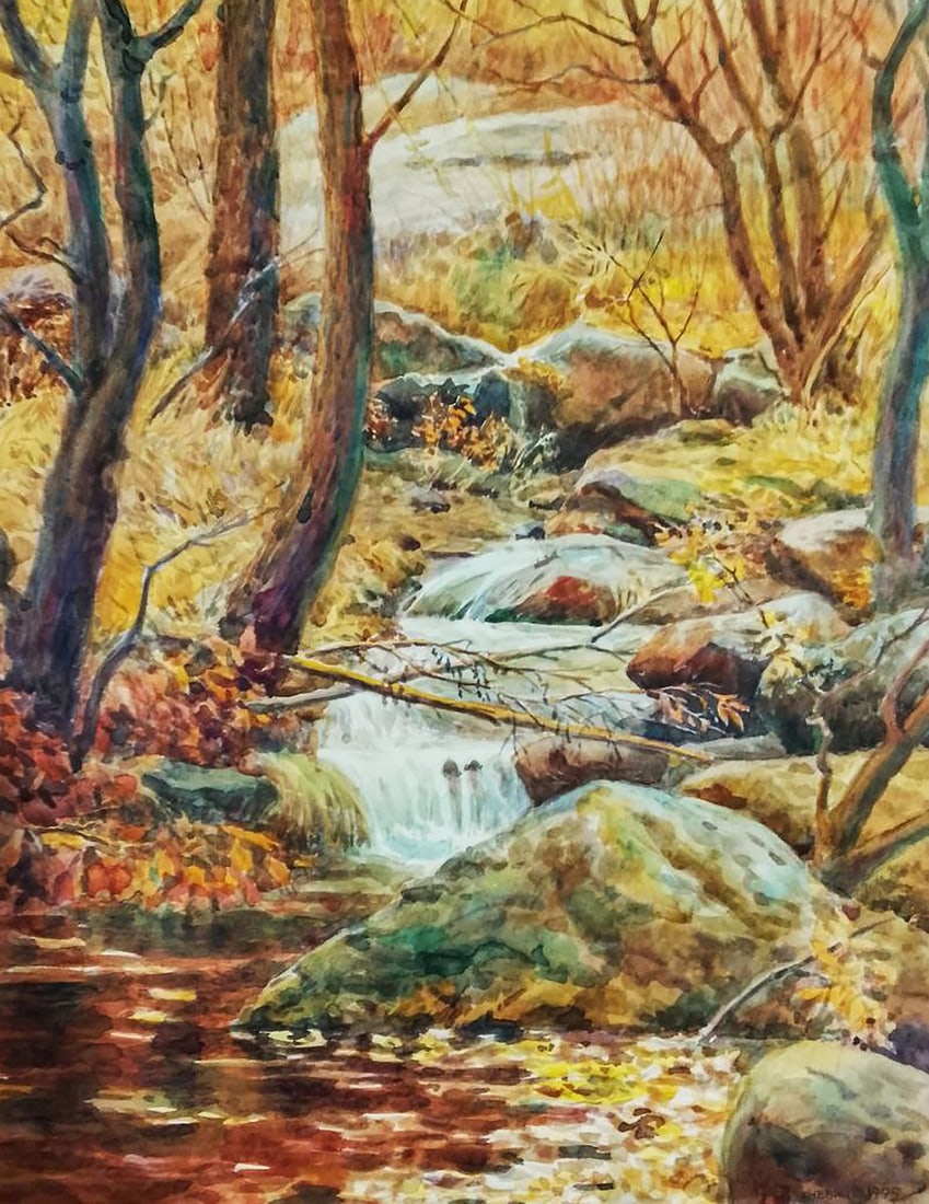 Watercolor painting Forest stream Vitaly Duhnevich: Title: Watercolor painting Forest stream Vitaly Duhnevich Description: NoDuhn 35The painting "Forest Stream" is a serene ode to the quiet beauty of nature in its purest form. At the heart of the compo