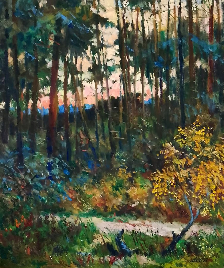 Oil painting Orange Sunset Vitaly Duhnevich: Title: Oil painting Orange Sunset Vitaly Duhnevich Description: NoDuhn 46"Orange Sunset" by Vitaly Duhnevich captures a fleeting yet powerful moment when daylight gently fades, and the forest is bathe