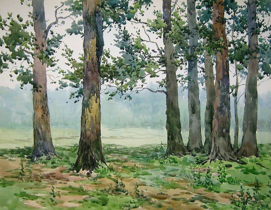 Watercolor painting Cloudy morning Valery Savenets: Title: Watercolor painting Cloudy morning Valery Savenets Description: NoSav 158In "Cloudy Morning" by Savenets Valery, the artist captures the tranquil beauty of a quiet morning in a forested