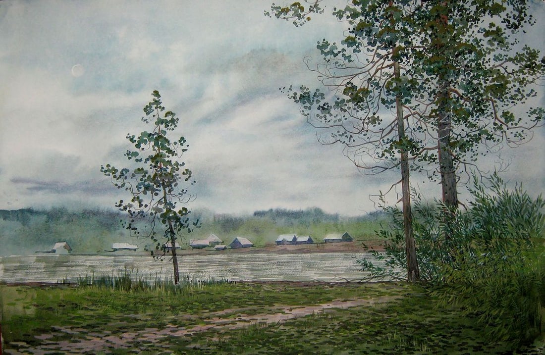 Watercolor painting Gloomy day Valery Savenets: Title: Watercolor painting Gloomy day Valery Savenets Description: NoSav 230In "Gloomy day", Savenets Valery creates a serene landscape where nature takes center stage. The foreground is dominated by