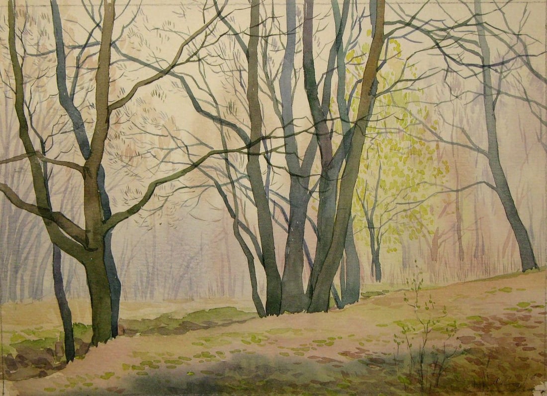 Watercolor painting Spring Etude Valery Savenets: Title: Watercolor painting Spring Etude Valery Savenets Description: NoSav 256In "Spring Etude" by Ukrainian artist Valery Savenets, the viewer is invited into a peaceful woodland scene where the