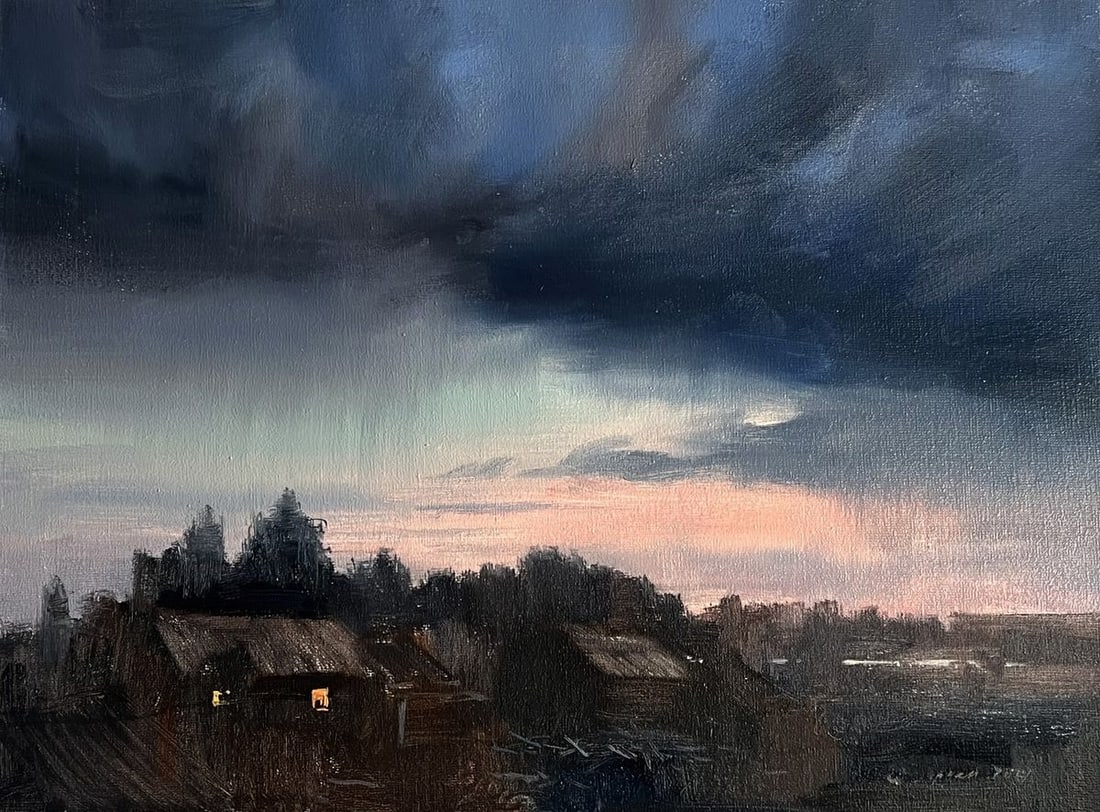 Oil painting Northern Lights over the village Tatyana Derdey - 3
