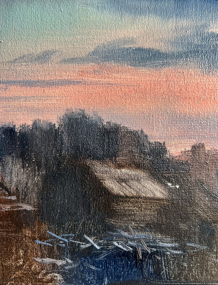 Oil painting Northern Lights over the village Tatyana Derdey - 8