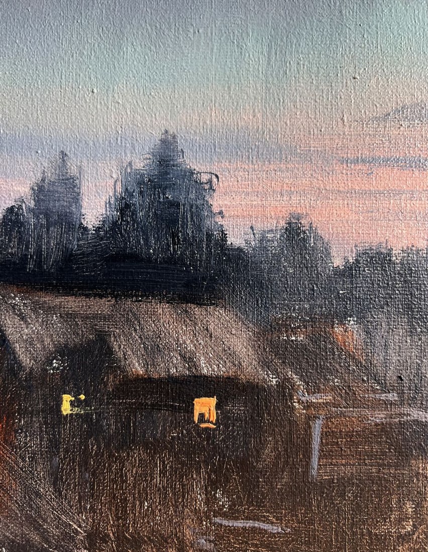 Oil painting Northern Lights over the village Tatyana Derdey - 9