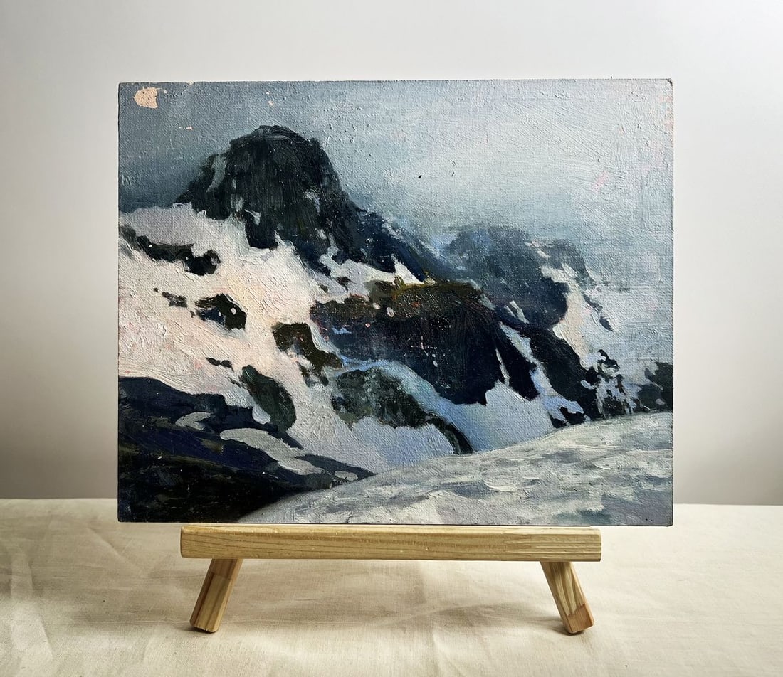 Oil painting On top of a snowy mountain Tatyana Derdey: Title: Oil painting On top of a snowy mountain Tatyana Derdey Description: NoAAA3668"On Top of a Snowy Mountain" is a striking Oil painting on cardboard that captures the grandeur and isolation of a r