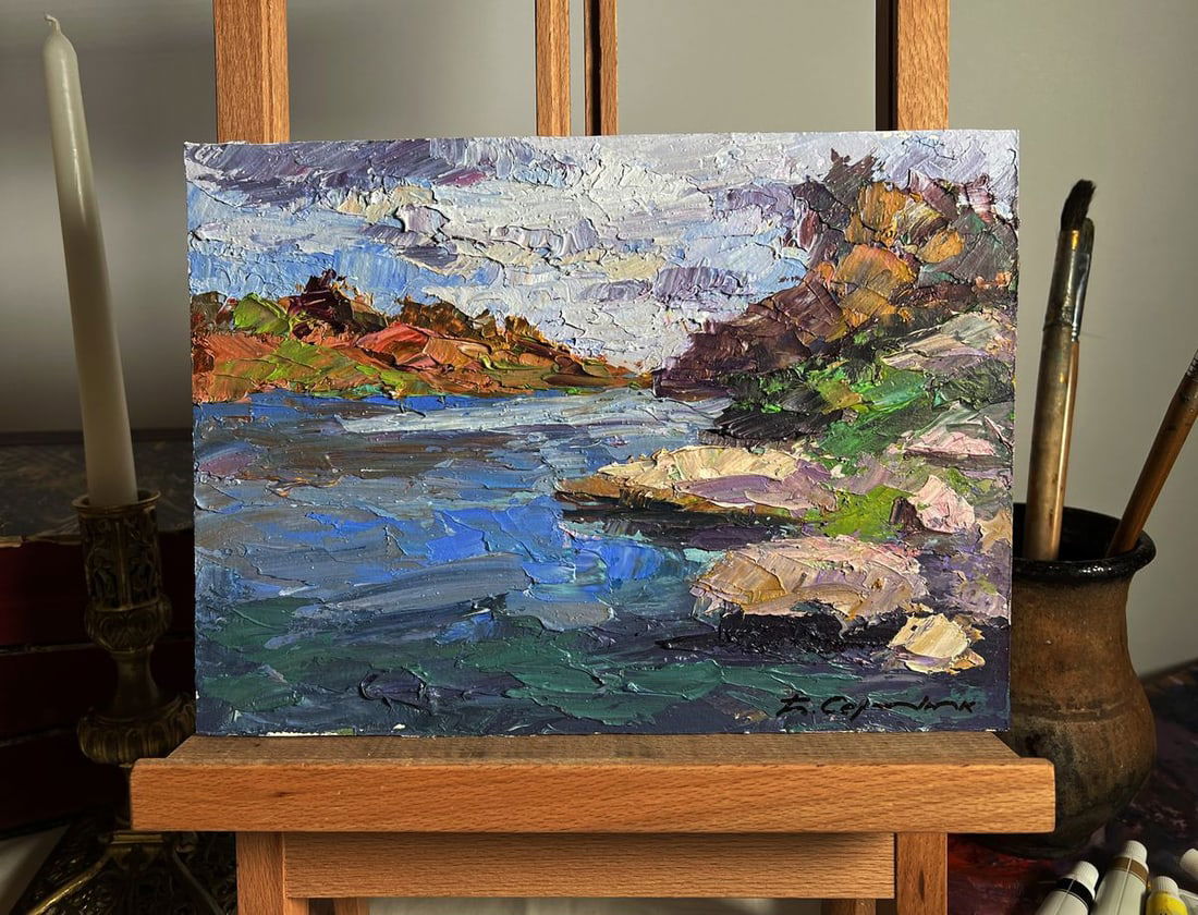 Oil painting Stone Coast Boris Serdyuk: Title: Oil painting Stone Coast Boris Serdyuk Description: NoAAA3682"Stone Coast" is an expressive Oil painting on cardboard that captures the raw beauty of a rugged shoreline with an impasto techniqu
