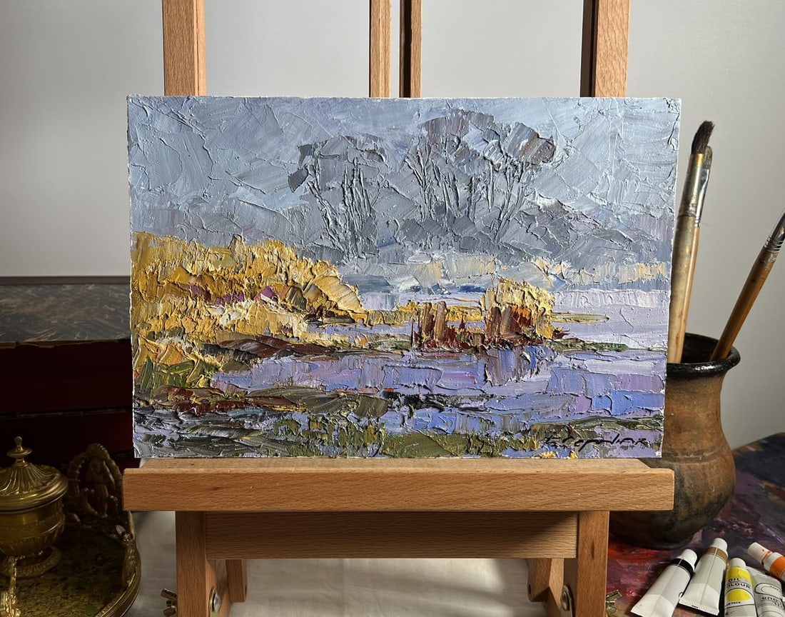 Oil painting Morning frosts Boris Serdyuk: Title: Oil painting Morning frosts Boris Serdyuk Description: NoAAA3687"Morning Frosts" is a captivating Oil painting on cardboard, where the artist masterfully conveys the crisp, icy atmosphere of an