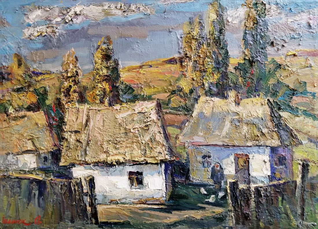 Oil painting Indian Summer Kalenyuk Alex: Title: Oil painting Indian Summer Kalenyuk Alex Description: NoKalen 22This lovely oil painting captures the essence of Indian summer. The picture shows a courtyard with small houses, blue sky, and gr