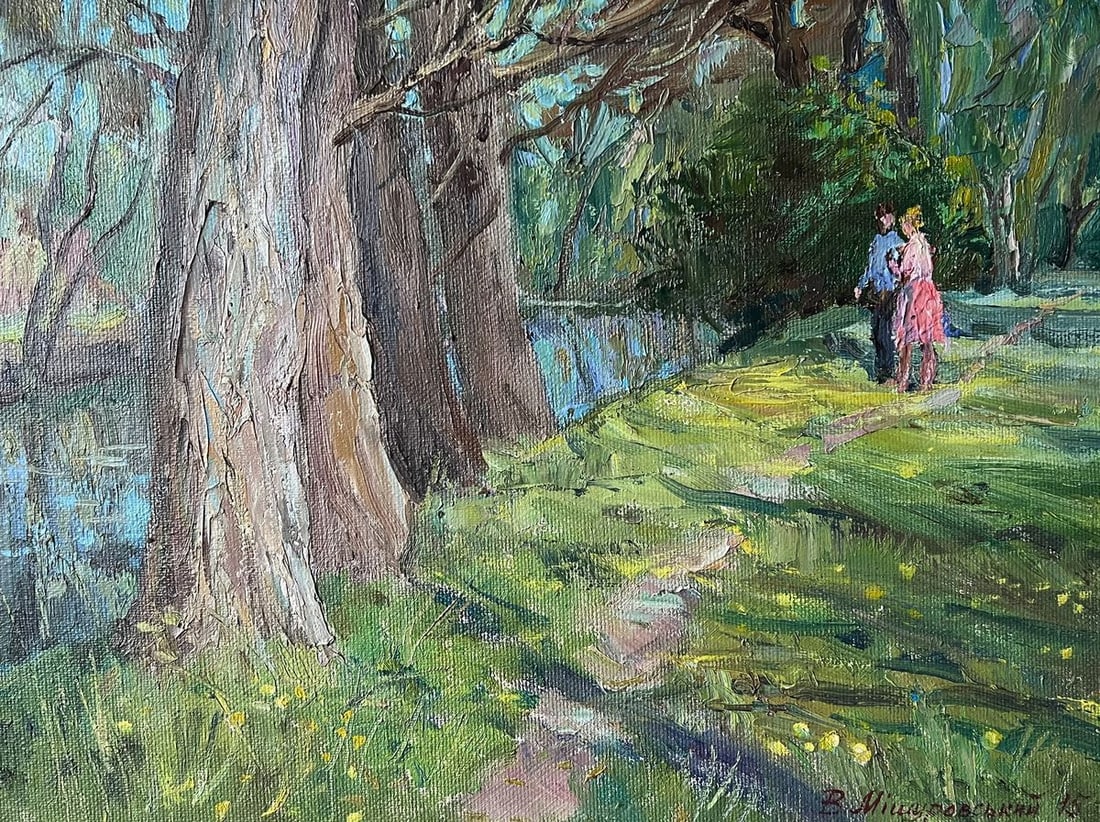 Oil painting May date V. Mishurovsky: Title: Oil painting May date V. Mishurovsky Description: No128"May Date" by Viktor Myshurovsky is a vivid portrayal of a romantic moment captured within a lush park setting. The painting shows a coupl