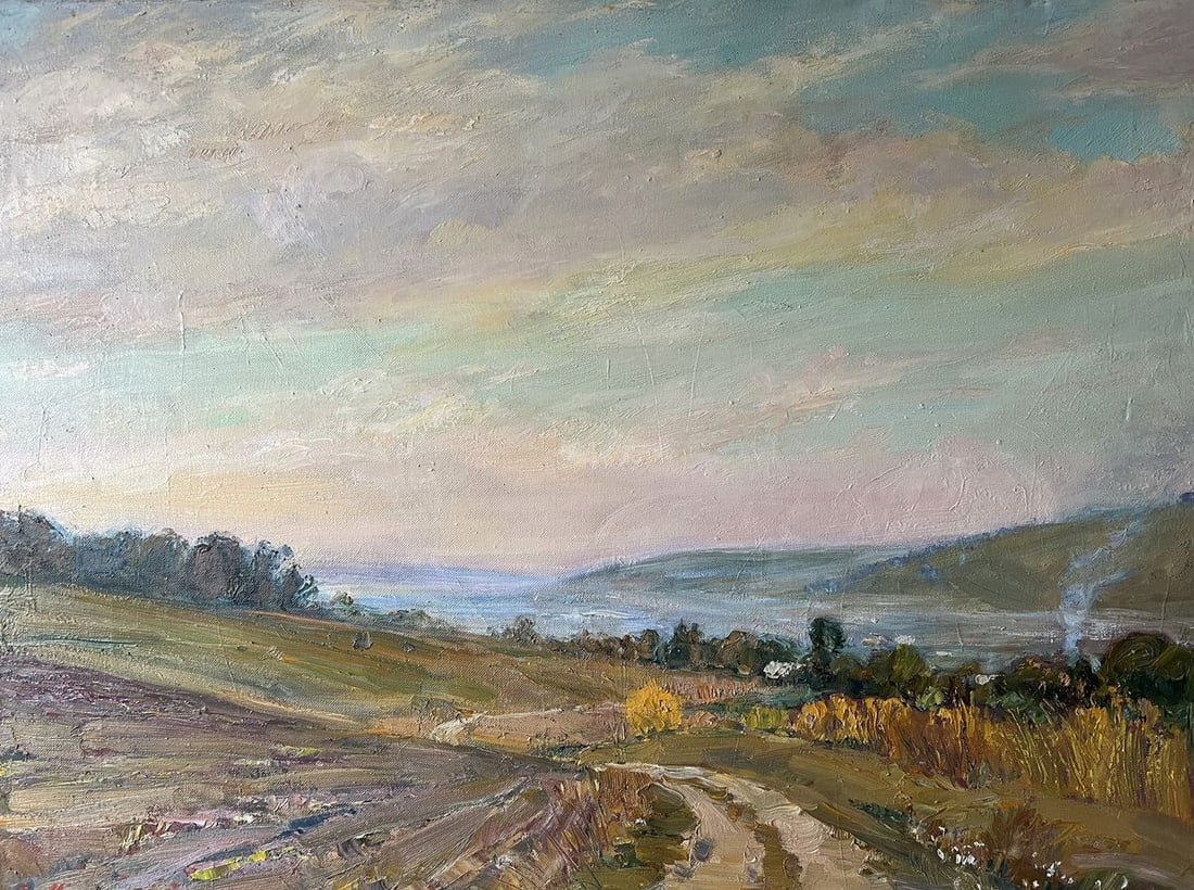 Oil painting Autumn evening on the road V. Mishurovsky: Title: Oil painting Autumn evening on the road V. Mishurovsky Description: No132"Autumn Evening on the Road" by Viktor Myshurovsky is a vivid depiction of a sprawling landscape under the enchanting li