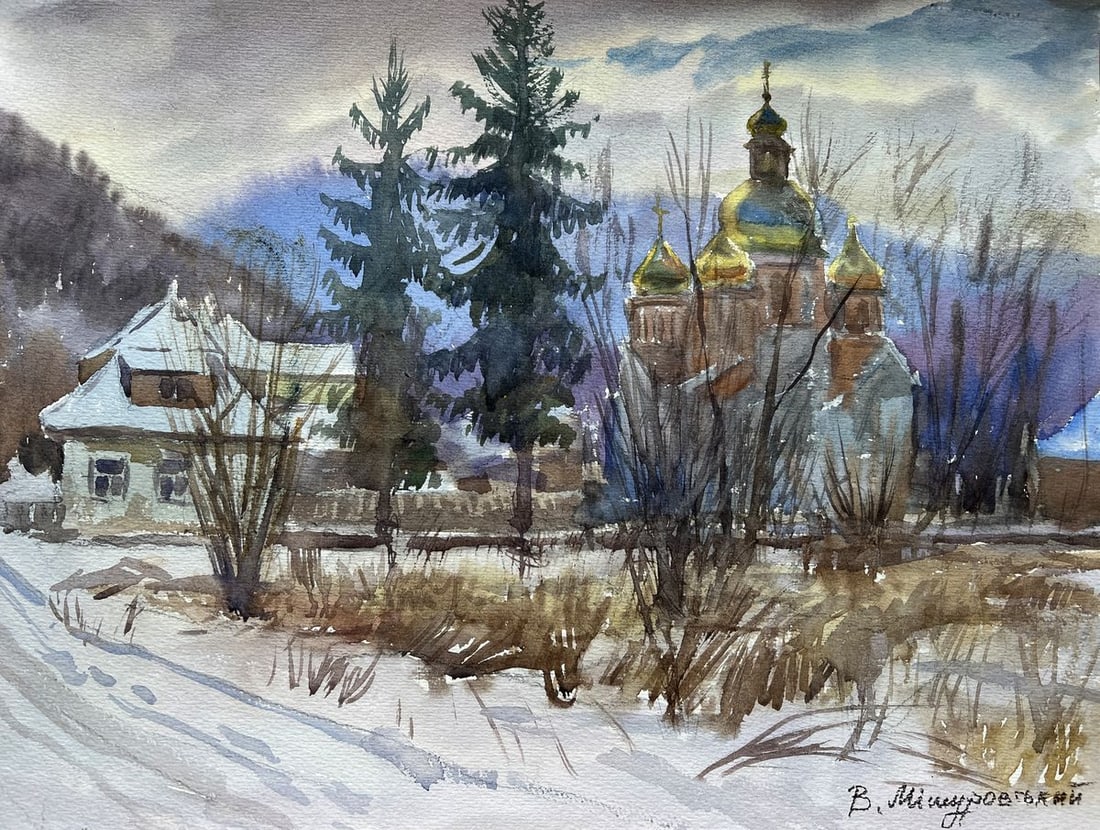 Watercolor painting Church in Yaremche V. Mishurovsky: Title: Watercolor painting Church in Yaremche V. Mishurovsky Description: No189"Church in Yaremche" by Viktor Myshurovsky is a serene and evocative portrayal of a winter scene in the picturesque town
