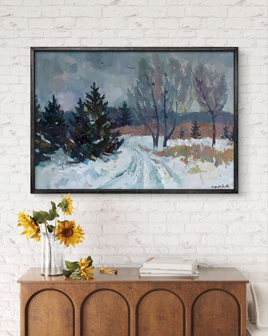 Oil painting Christmas trees covered with snow Peter Dobrev - 3