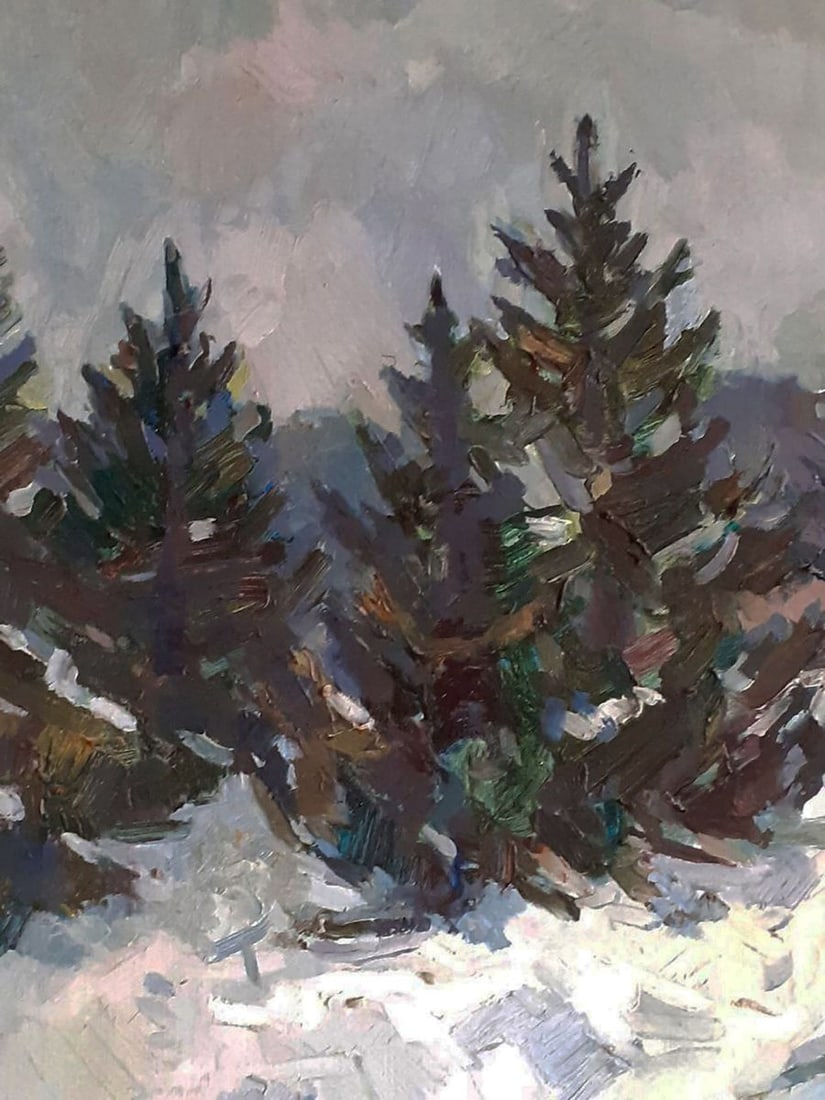 Oil painting Christmas trees covered with snow Peter Dobrev - 6