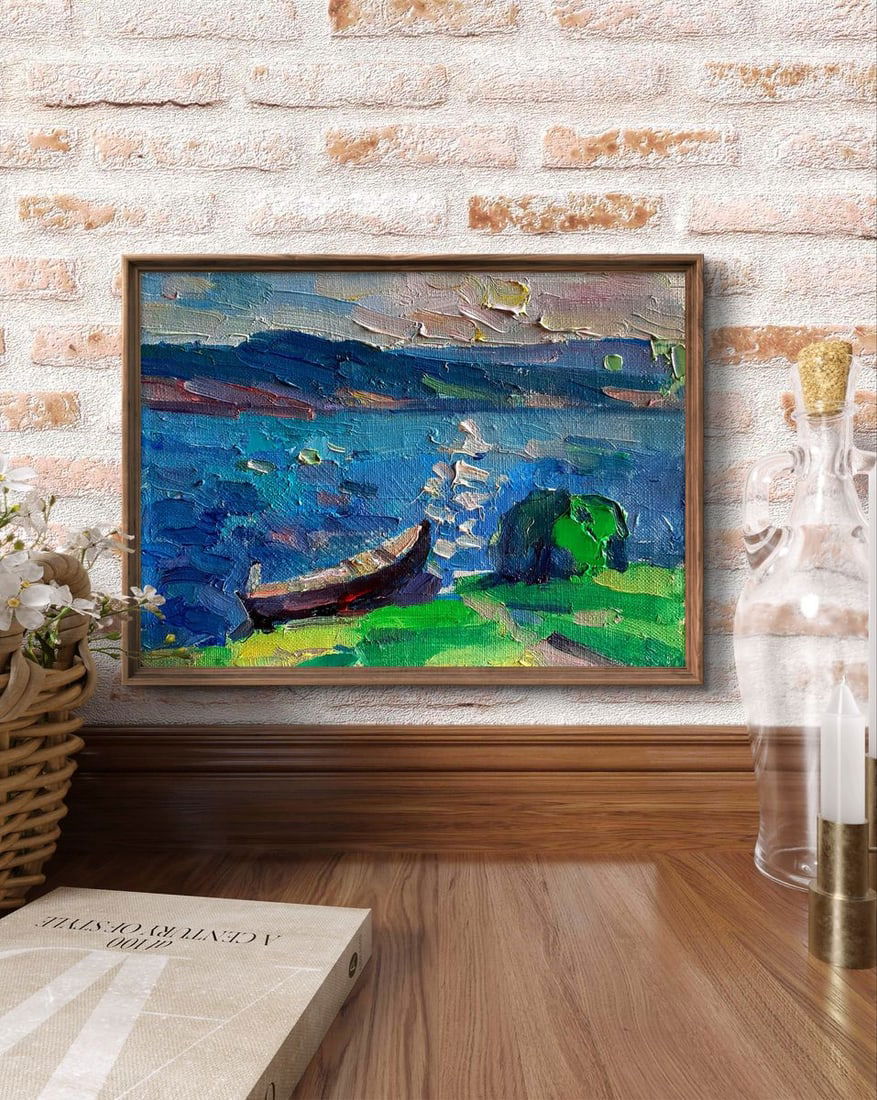 Oil painting A lonely boat on the river bank Pavel Dobrev - 3