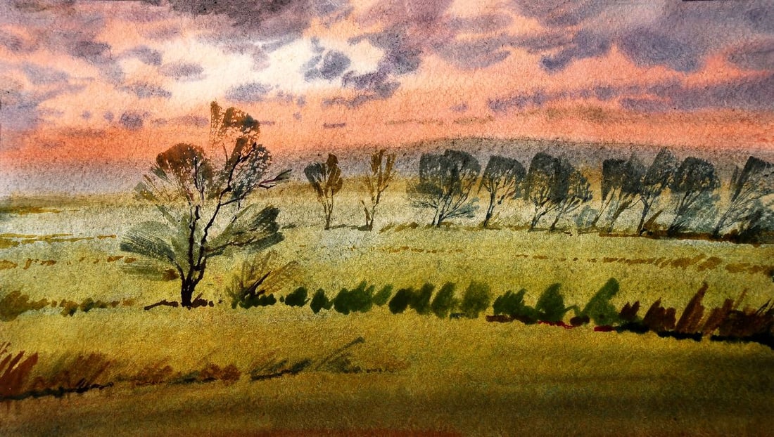 Watercolor painting By the evening Egor Shvachunov: Title: Watercolor painting By the evening Egor Shvachunov Description: NoSvash 36"By the Evening" by Ukrainian artist Egor Shvachunov is a serene watercolor landscape that captures the quiet,