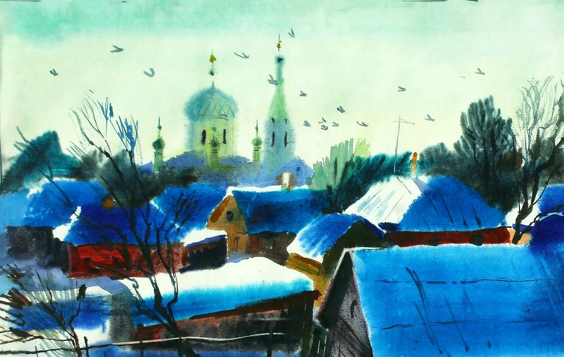 Watercolor painting Winter in Lebedyn Egor Shvachunov - 2