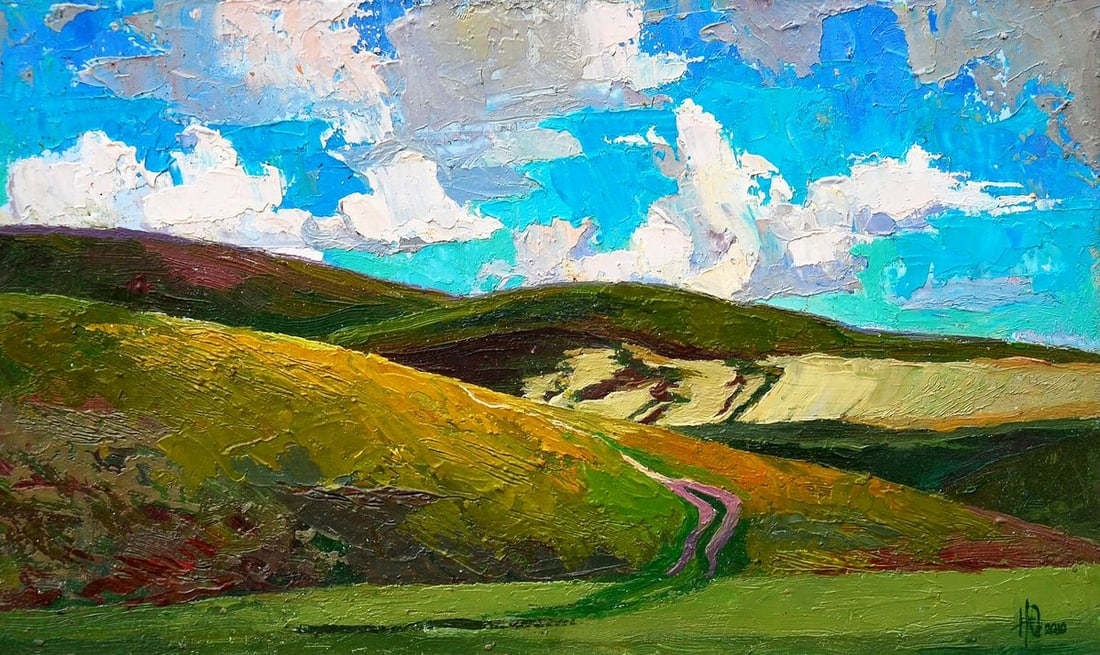 Oil painting In the mountains Egor Shvachunov: Title: Oil painting In the mountains Egor Shvachunov Description: NoSvash 93This vibrant painting captures the majestic beauty of a mountainous landscape bathed in sunlight. The foreground features ro