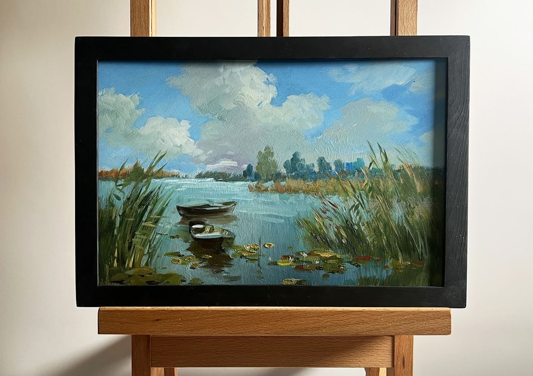 Oil painting Summer cloudy weather Yuriy Suprunchuk: Title: Oil painting Summer cloudy weather Yuriy Suprunchuk Description: NoAAA4181The painting titled "Summer Cloudy Weather" captures a serene riverside landscape bathed in soft, diffused light. The s