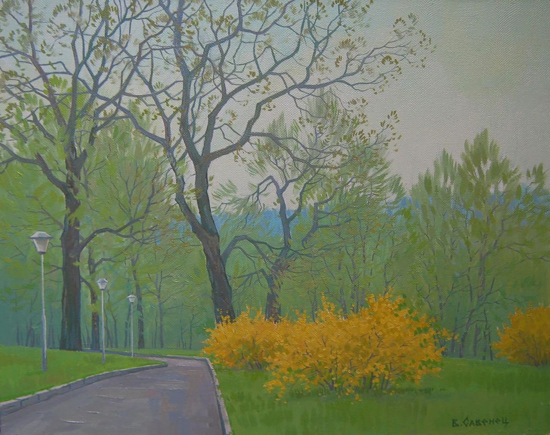 Oil painting Spring City Park Valery Savenets: Title: Oil painting Spring City Park Valery Savenets Description: NoSav 339Oil painting Spring City Park Valery Savenets is a refined landscape that demonstrates the artist's exceptional mastery of