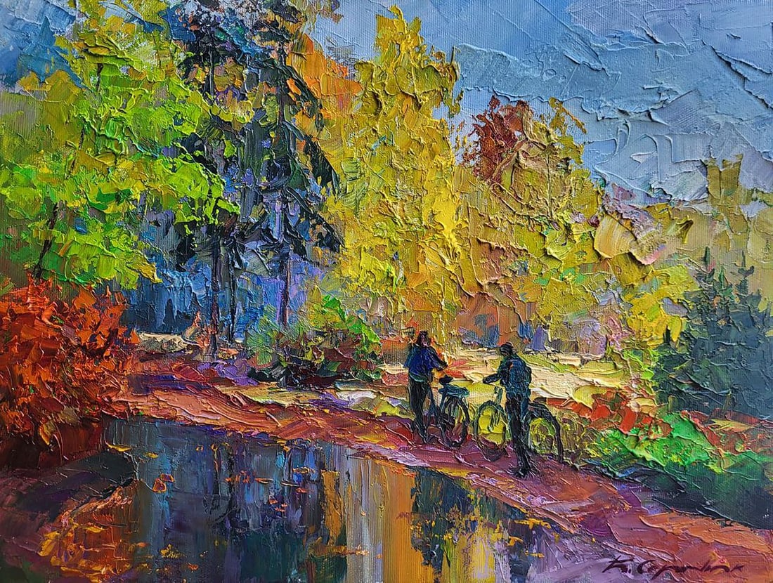 Oil painting Mushroom Pickers Boris Serdyuk: Title: Oil painting Mushroom Pickers Boris Serdyuk Description: NoSERB 1128The painting titled "Mushroom Pickers" captures a vibrant autumn forest scene filled with life, light, and color. The composi