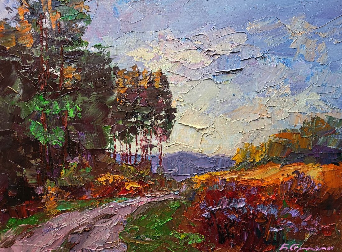 Oil painting The road to the forest Boris Serdyuk: Title: Oil painting The road to the forest Boris Serdyuk Description: NoSERB 1169The oil painting on canvas titled "The Road to the Forest" is a vivid celebration of nature's raw beauty and the sereni