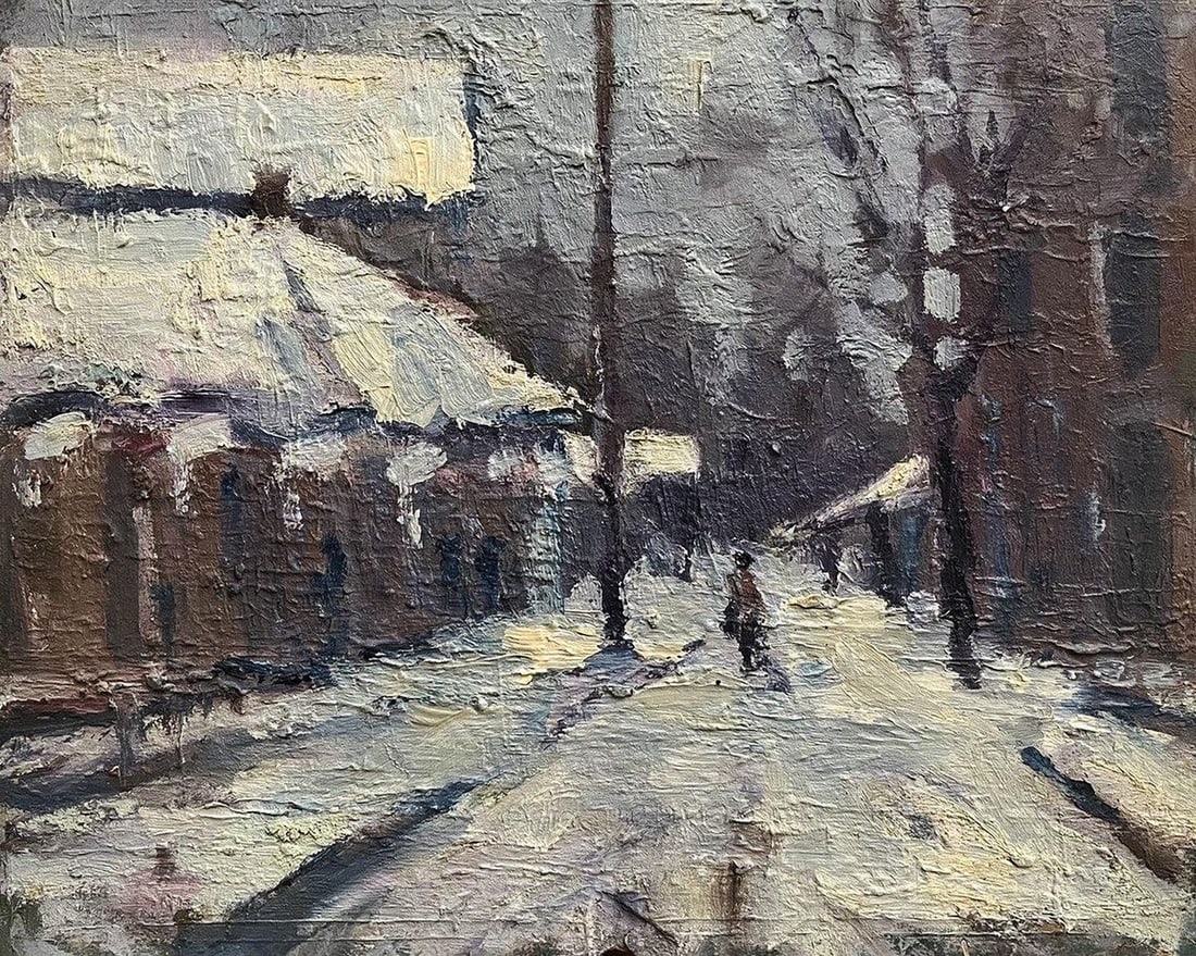 Oil painting Sunday Volodymyr Pashchenko: Title: Oil painting Sunday Volodymyr Pashchenko Description: NoGaller 123"Sunday" by renowned Ukrainian artist Volodymyr Pashchenko captures a fleeting moment of quiet reflection in a small town envel