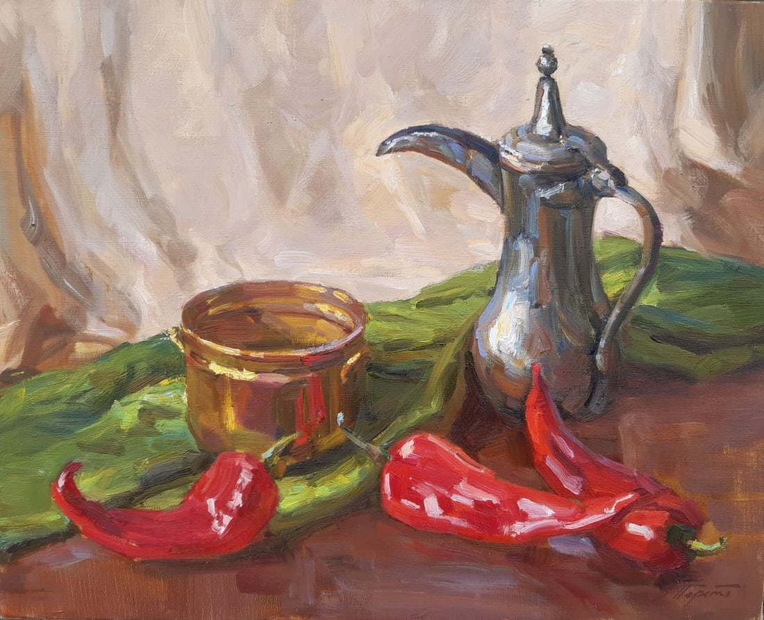 Oil painting Coffee pot and pepper Tepeta Miacheslav: Title: Oil painting Coffee pot and pepper Tepeta Miacheslav Description: NoTep 57"Coffee Pot and Pepper" by Ukrainian artist Vyacheslav Pereta is a striking still life that contrasts the metallic shin